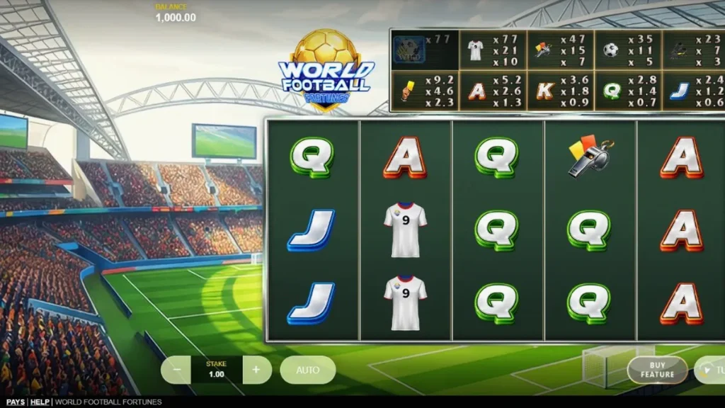 World Football Fortunes slot machine interface featuring stadium theme