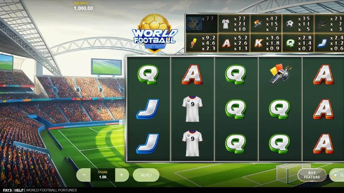 World Football Fortunes slot machine interface featuring stadium theme