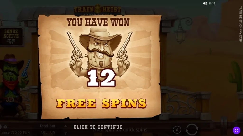 Train Heist Johnny Cash slot machine interface featuring western desert theme
